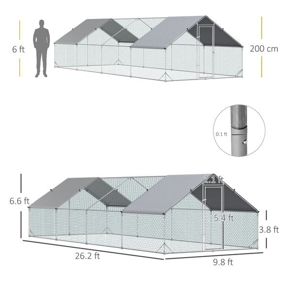 Homestead walk-in chicken run side view showing long 10?26 footprint for big daytime movement