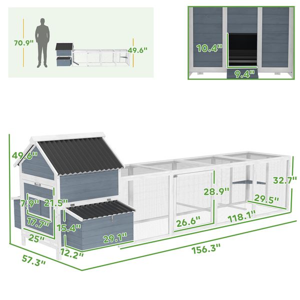 Heritage chicken coop with run side view showing XL wood layout with two nesting boxes and wave roof