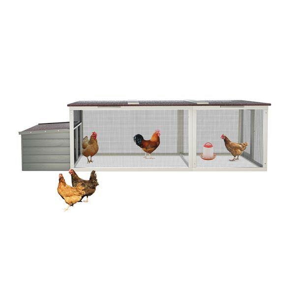 Pebble walk-in wooden chicken coop side view showing small walk-in footprint for tight suburban yards