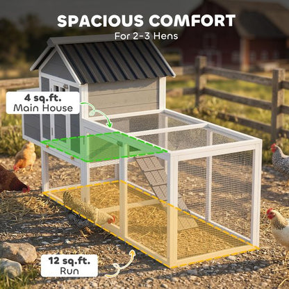 Hatchling chicken coop with run side view showing compact starter coop with dedicated nesting access