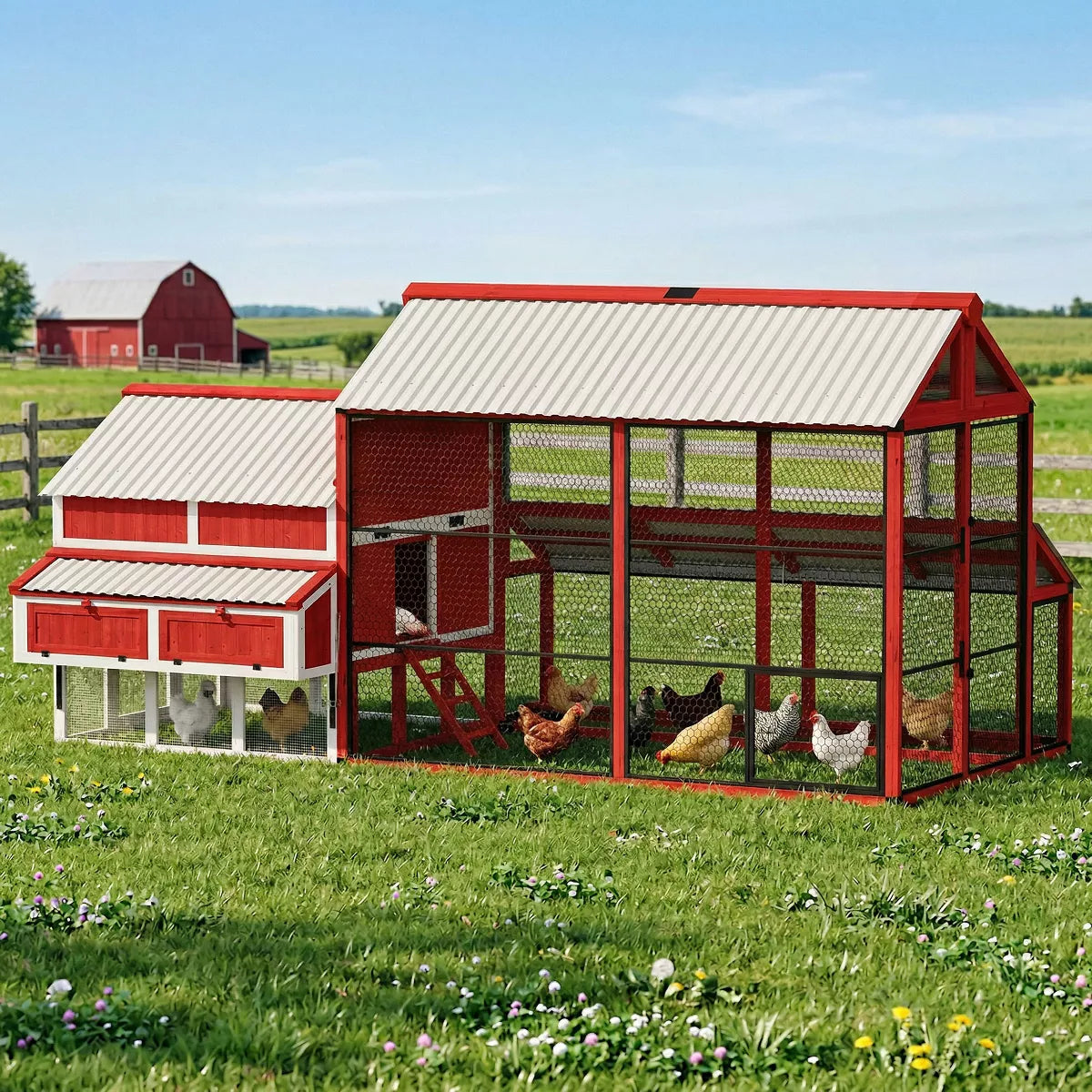 Apex walk-in wooden chicken coop side view showing flagship wood walk-in with weatherproof roof and large nesting capacity