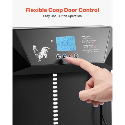Watchman chicken coop accessory side view showing LCD timer, light sensor, and anti-pinch predator lockout