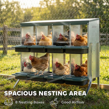 Brood chicken coop accessory side view showing galvanized 8-compartment nest setup for 16-32 hens